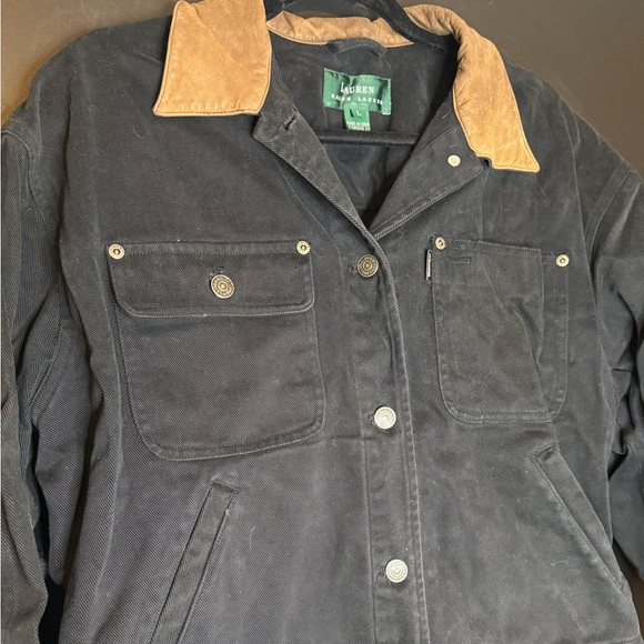 Ralph Lauren Black Jacket with Tan Leather Collar - Picture 5 of 11